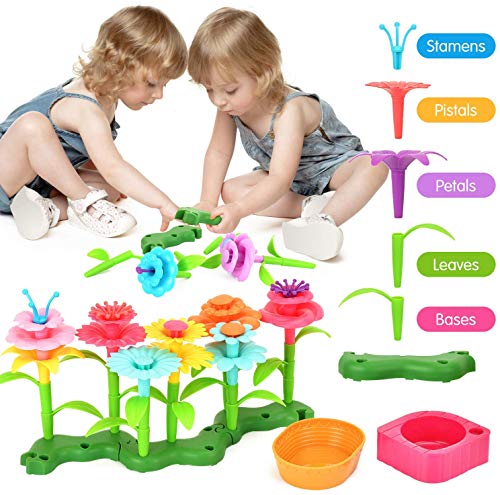 TS19001 Flower Garden Building Toy Set - Happytime 148 Pcs Build a Bouquet Floral Arrangement Playset Pretend Gardening Blocks Educational Creative Craft Toys for 3, 4, 5, 6 7 8 Year Old Toddlers Kids Girls