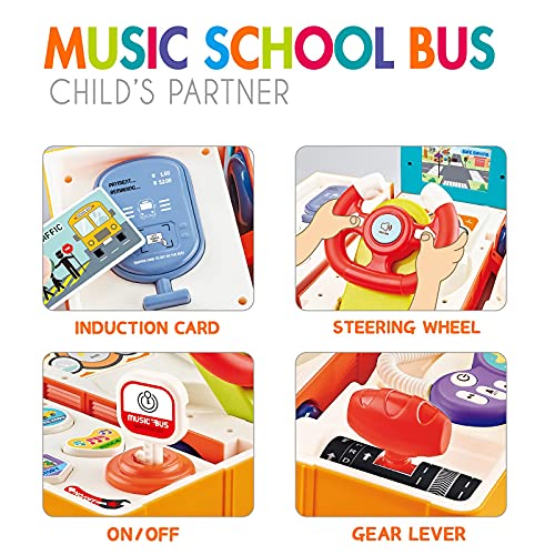 HJ21005 Simulation School Bus Learning Toys, 2-in-1 Music Interactive Baby Driver Toys, Toddler Imaginative Learning Bus for Role-Play Fun, Educational Toys for 2,3,4,5 Years Old
