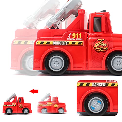 TOP21007 Kids Car Play Vehicles Set - Fire Truck Cars Garage Toys Set for Boys, Deformable Engineering Truck Toy with Lights & Sounds with 6 Mini Cars, Vehicle Garage Set Toys Gift for 3 4 5 6 Kids Toddlers