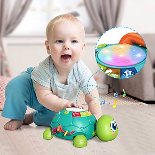 DBQ22001 Growinlove Baby Musical Crawling Turtle Toy, Multifunction Early Educational Music Toys with Drum and Pretend Phone, Baby Light Up Crawling Toys, Great Gifts for Baby Infants Toddlers Boys Girls