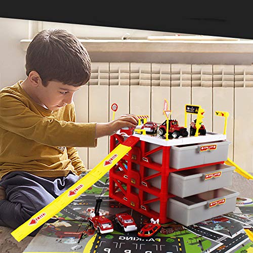 XBC19006 Parking Lot Car Garage Playset Matchbox Cars playsets ,Vehicle Toy Fire Car Storage Box Toys Set Educational Gift with 6 Fire Trucks, Ramps, Traffic Signs for Kids