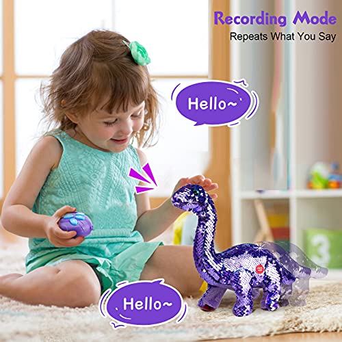 Remote Control Reversible Sequins Dinosaur Toy for 2 Years Old & Up Girls Boys, RC Dino Can Repeat & Walk & Roar& Sing, Christmas Birthday Gifts for Toddlers Kids