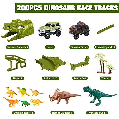 XC21002 Dinosaur Toys, Dinosaur Track Cars - 200 Pcs Train Tracks plus Dinosaurs & Cars to Create a Jurassic Dino World Track Set, Kids Christmas Birthday Party Gift for 3 4 5 6 Year Old Boys Girls