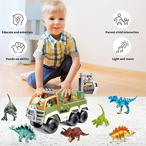 HG21001 Toddler Toys for 3 4 5 6 Years Old Boy, Dinosaur Truck Toy Car Transporter Carrier Set w/ Dinosaur Figures & Mini Racing Car with Sound & Light , Car Toys Set for Age 3-9 Toddlers Kids Boys & Girls