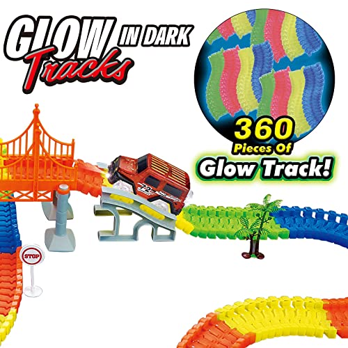 WJ21002 Car Track Glow in the Dark,Glow Race Tracks Toy with 2 LED Light Race Cars，360PCS Flexible Race Track Gifts for 3 4 5 6 Year+Boys Girls