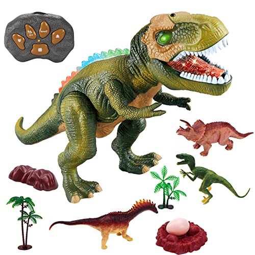 TOP19028-Green Remote Control Dinosaur Electric Toy Kids RC Animal Toys Dinosaur Walking and Roaring Realistic T-Rex Robot Toys for Toddlers Boys Girls Green