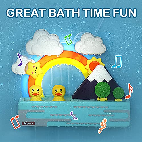 SDL21002 Baby Bath Toys for Toddlers 2-3 Bathtub Toy Musical Sound Bathroom Toy Wall Spin Duck Cloud Weather Toy Kids Water Game Waterfall with Music & Light, Gifts for 18 Months Boys and Girls
