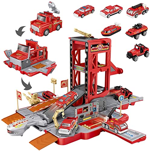 TOP21007 Kids Car Play Vehicles Set - Fire Truck Cars Garage Toys Set for Boys, Deformable Engineering Truck Toy with Lights & Sounds with 6 Mini Cars, Vehicle Garage Set Toys Gift for 3 4 5 6 Kids Toddlers