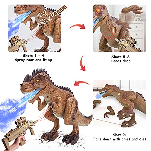 Remote Control Dinosaur Toys for Kids - Electric Toy RC T-Rex React to Shooting, Spraying Walking Dinosaur with Roaring Realistic Simulation Sounds and LED Light, Gift for 2-6 Year Old Boys, Brown