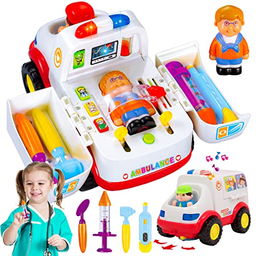HL836 Ambulance Rescue Vehicle Toy Car - Opening Doors Play Kit with Lights Music and Sounds Siren, 4 Equipments for Pretend Doctor Patient Medical Playset Learning Toy for Toddlers, Kids 2 3 4 5 Year Old