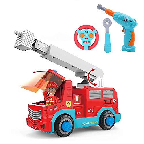TOP20001 Remote Control Take Apart Toys - RC Cars for Kids STEM Build Your Own Fire Truck Toys with Electric Drill, Lights and Music, Construction Toy Gifts for Boys and Girls
