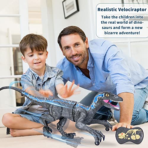 ZM21003 Remote Control Dinosaur Toys - (Rechargeable) 2.4Ghz RC Walking Robot Velociraptor with LED Eye, Roaring Sound, Shaking Head & Tail, Jurassic Dino Electronic Toys Gifts for Kids 5-9 Years Old