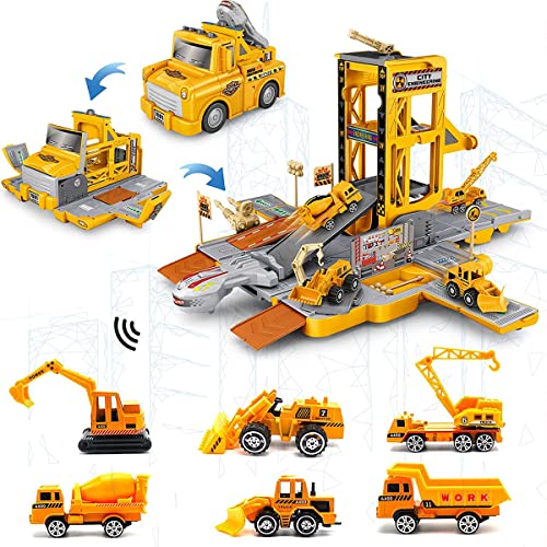 TOP21009 Kids Car Play Vehicles Set - Construction Vehicles Car Toys for Boys, Deformable Engineering Truck Toy with Lights & Sounds with 6 Mini Cars, Vehicle Garage Set Toys Gift for 3 4 5 6 Kids Toddlers