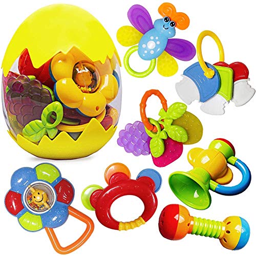 Rattle Teether Set Baby Toys - Happytime 13 Pcs Shake Rattle Teethers Early Education Toys for Newborn Infant with Surprise Egg for 3 6 9 12 18Month