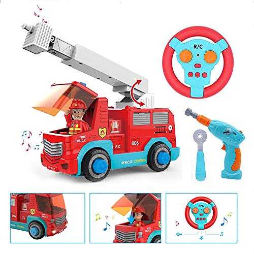 TOP20001 Remote Control Take Apart Toys - RC Cars for Kids STEM Build Your Own Fire Truck Toys with Electric Drill, Lights and Music, Construction Toy Gifts for Boys and Girls