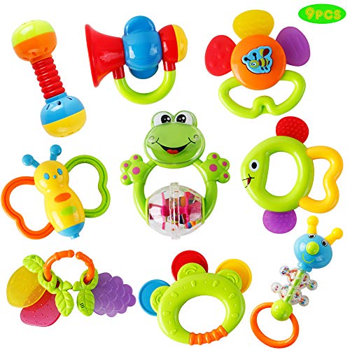 ZM15015 Baby Rattle Toys for Newborns - Baby Rattle Set 9pcs - Baby Toys Rattles and Teethers for Girls Boys 0-3-6-9-12 Months - Infant Rattle Teething Toys - Developmental Sensory Toys for Babies