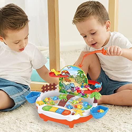 XMT22003 Dinosaur Toys for Kids,Magnetic Fishing Game Toys with Slideway,Electronic Toy Fishing Set，Multi-purpose Educational Fish Game Toys Set with Slideway & Music, Preschool Learning Toys for Girls Boys