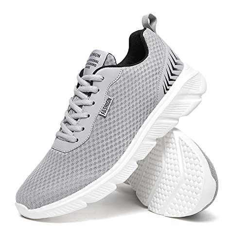 EARSOON Mens Trainers Running Trainers Mesh Walking Shoes Athletic Gym Fitness Shoes Lightweight Casual Shoes Grey & White Size 9