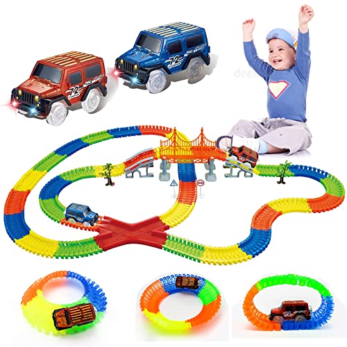 WJ21002 Car Track Glow in the Dark,Glow Race Tracks Toy with 2 LED Light Race Cars，360PCS Flexible Race Track Gifts for 3 4 5 6 Year+Boys Girls