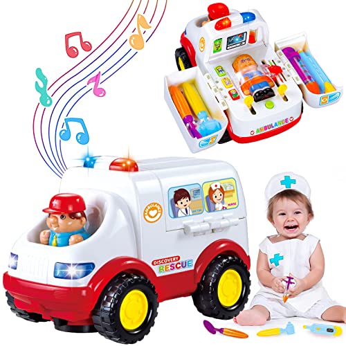 HL836  Ambulance Rescue Vehicle Doctors Set Pretend Play Toy Rescue Vehicle Bump and Go with Various Medical Equipment, Lights Music and Medical Sounds For Children Kids