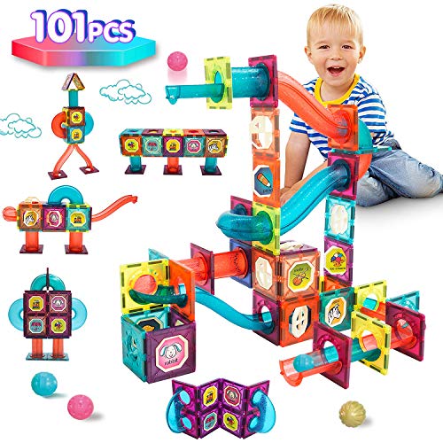 HS21001 Magnetic Building Blocks Tiles Toys - 101 PCS Magnet Construction Toys 3D Pipeline Marble Run Race Track with Alphabet Number Stickers STEM Learning Educational Toy for Kids Age 3 4 5 6 7 8 Years Old