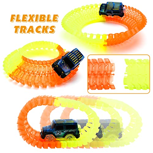 Glow Race Tracks Toy with 2 LED Light Race Cars and 18 ft 360Pcs Bendable Race Track Set Toys for Boy Age 3-12 Years Old