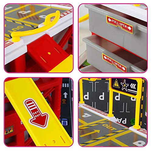 XBC19006 Parking Lot Car Garage Playset Matchbox Cars playsets ,Vehicle Toy Fire Car Storage Box Toys Set Educational Gift with 6 Fire Trucks, Ramps, Traffic Signs for Kids