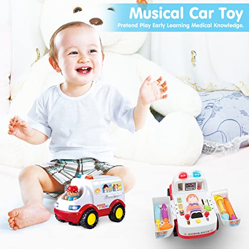 HL836  Ambulance Rescue Vehicle Doctors Set Pretend Play Toy Rescue Vehicle Bump and Go with Various Medical Equipment, Lights Music and Medical Sounds For Children Kids
