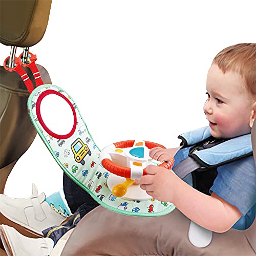 HE19004 Car Seat Play Center Toy - Infant Car Seat Toy Steering Wheel for Toddler Car Seat Stroller Toy Baby Travel Companion Toy for Rear Car Seat Easier Drive Vehicle with Music Light Mirror