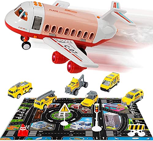 Transport Construction Vehicles Aircraft Toys - Storage Transport Airplane with 6 Diecast Trucks and Playmat, Kids Toy Jet Aircraft with Mist Spay, Light & Sounds, Gift for 3 4 5 6 Years Old Children