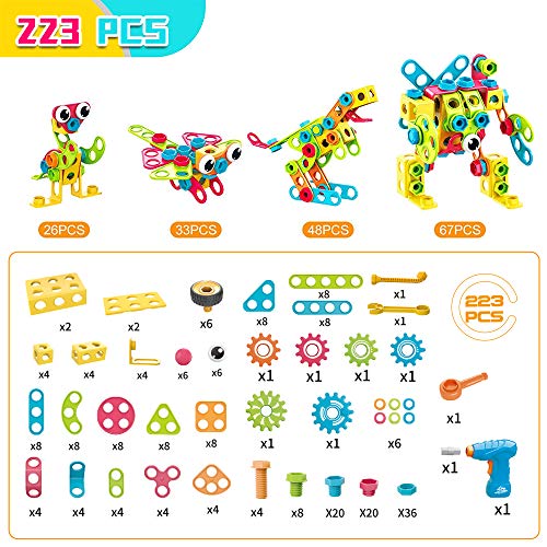 HJ21002 Toys Building Blocks - 223 PCS Educational Construction Tiles Set Engineering Kit with Drill Toy Creative Activities Games Learning Toys Gift for Kids Ages 3 4 5 6 7 8 9 10 Year Old Boys Girls
