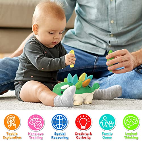 DBQ22002 Fine Motor Skill Dinosaur Toys - Sorting Stacking Plugging Toys, Developmental Learning Sorting Sensory Toys for Toddlers 1-3, Baby Montessori Sensory Toys Age 6 9 12+ Months