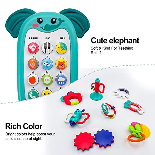 SLE21001 Baby Rattle Teether Toy Phone Set, 10PCS Infant Newborn Baby Toys 6 to 12 Months, Grab Spin Rattle Shaker with Storage Box, Infant Teething Toys for Toddlers Boys Girls