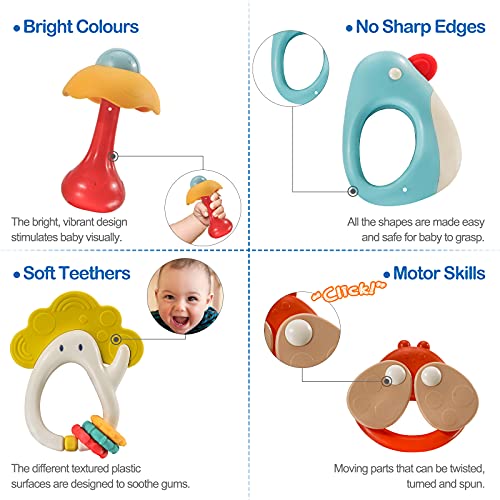 DM21002 Baby Rattle Teether Set with Wobble Toy, Grab Shaker and Spin Rattle Toy with Storage Box, Interactive Early Educational Rattles Baby Newborn Gift for 3 6 9 12 Month Infant, Boys, Girls