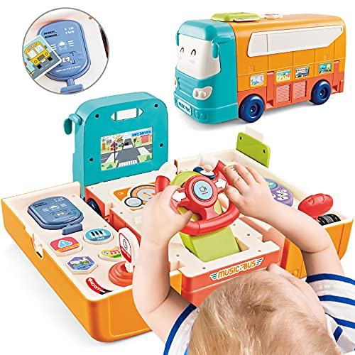 HJ21005 Simulation School Bus Learning Toys, 2-in-1 Music Interactive Baby Driver Toys, Toddler Imaginative Learning Bus for Role-Play Fun, Educational Toys for 2,3,4,5 Years Old