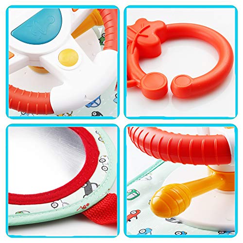 HE19004 Car Seat Play Center Toy - Infant Car Seat Toy Steering Wheel for Toddler Car Seat Stroller Toy Baby Travel Companion Toy for Rear Car Seat Easier Drive Vehicle with Music Light Mirror