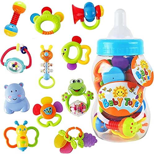 ZM15015-Plus 11PCS Baby rattles teethers for Newborn Toys, Gifts for Infants with Hand Development Rattle Toys and Giant Bottle for 0 3 6 9 12 Month Girl and boy