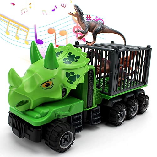 FS21004 Dinosaur Transport Truck Dinosaur Toy Set for Boys Girls, DIY Triceratops Transport Car with12pcs Dino Figures, Dinosaur mat，Two Dino CarBest Christmas,Birthday,New Year Gift Toys for 3+Year Boys Kids