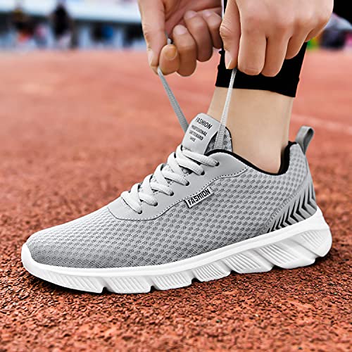 EARSOON Mens Trainers Running Trainers Mesh Walking Shoes Athletic Gym Fitness Shoes Lightweight Casual Shoes Grey & White Size 9