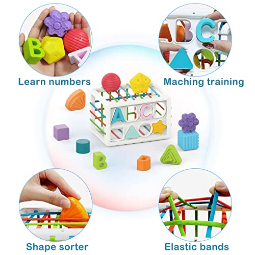 Baby Shape Sorter Toys, Baby Sensory Box, Colorful Cube with Elastic Bands, Sensory Sorting Bin for Early Educational Toys for Babies and Toddlers(14PCS)