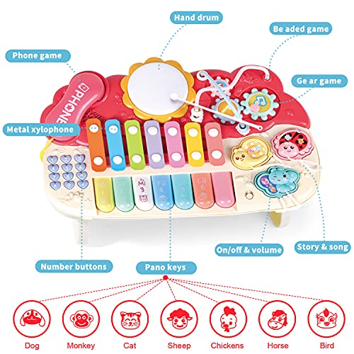 YL21001-RED Musical Toys for 1 year old Toddler Toy Piano Keyboard，4 in 1 Multi-Function Piano with Keyboard Piano，Light Xylophone，Hand Drum, Analog Call, etc.Best for Toddler Girls & Boys