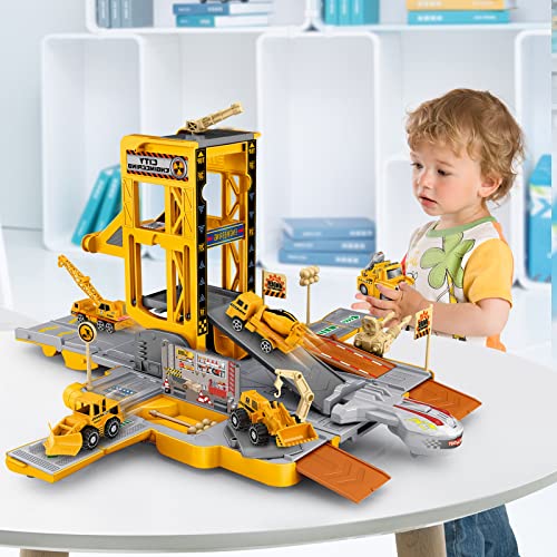 TOP21009 Kids Car Play Vehicles Set - Construction Vehicles Car Toys for Boys, Deformable Engineering Truck Toy with Lights & Sounds with 6 Mini Cars, Vehicle Garage Set Toys Gift for 3 4 5 6 Kids Toddlers