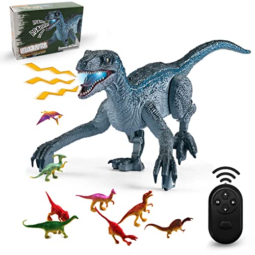 HANMUN Remote Control Dinosaur Toys, Electric Walking Dinosaur Toy Realistic Simulation Sounds Infrared Walking Velociraptor with Lighting for 3 Age Boys Girls gifts