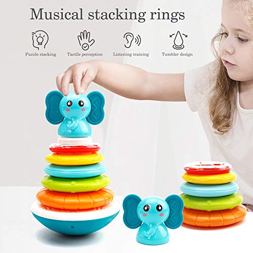 HE21002 Baby Stacking Rings Musical Toys - Building Rings Stacker & Teethers Early Educational Learning Stacking Toys with Sounds & Songs Tumbler Toys Baby Interactive Toy for Babies Toddlers Ages 6 Months+