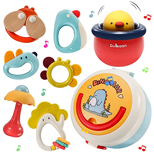 DM21002 Baby Rattle Teether Set with Wobble Toy, Grab Shaker and Spin Rattle Toy with Storage Box, Interactive Early Educational Rattles Baby Newborn Gift for 3 6 9 12 Month Infant, Boys, Girls