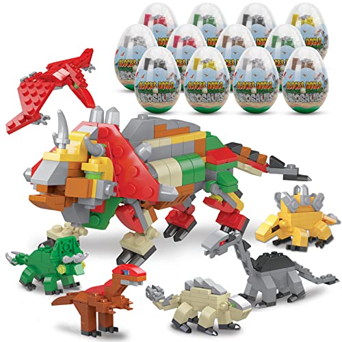 BY21001 Filled Easter Eggs with Dinosaurs Building Blocks, 12PCS Eggs Toys for Kids,Party Suprise Toys in Basket Filler, Classroom Prize Toys
