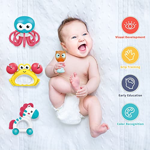 WISHTIME Baby Rattle and Teether Toys - Shower Gifts for Boys and Girls - Early Learning and Developmental Sensory Toy for Infants - Includes Musical Shakers, Teething Toys and High Chair Toy