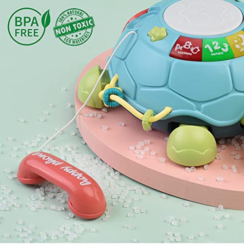 DBQ22001 Growinlove Baby Musical Crawling Turtle Toy, Multifunction Early Educational Music Toys with Drum and Pretend Phone, Baby Light Up Crawling Toys, Great Gifts for Baby Infants Toddlers Boys Girls