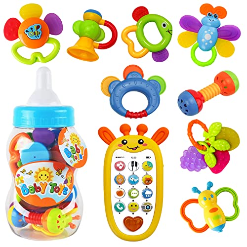 SLE21002 Baby Rattle Teether Set with Phone Toy, Newborn Baby Toys 3 6 9 12 Months with Storage Box, Grab Spin Rattle Shaker Sounds Toy, Infant Gift Toddlers Teething Toys for Baby Boys Girls