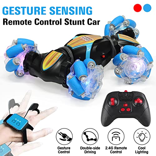 Remote Control Car for Boys 8-12, Gesture Sensing RC Car, 1:20 Hand Controlled Stunt Crawler Double Sided Rotating 4WD Off-Road Drift Vehicle with Lights, Toy Cars Gift for Kids Girls Adult Blue